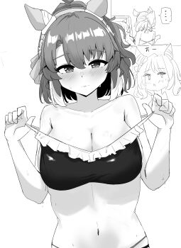 1girl absurdres animal_ears bare_arms bare_shoulders bikini blush breasts cleavage closed_mouth commentary_request dantsu_flame_(umamusume) ear_covers greyscale gryebooks hair_between_eyes hairband highres horse_ears horse_girl large_breasts monochrome multicolored_hair navel ponytail stomach sweat swimsuit two-tone_hair umamusume