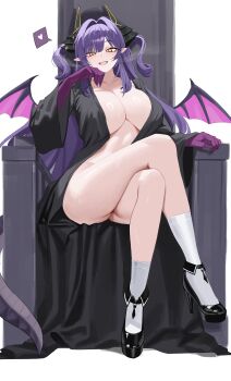 1girl absurdres arm_rest black_robe black_shoes blush breasts breath cleavage collarbone colored_extremities commentary_request crossed_legs dragon_girl dragon_horns dragon_tail dragon_wings fangs groin hair_between_eyes hair_intakes hand_up head_tilt heart high_heels highres horns kneehighs korean_commentary large_breasts legs long_hair long_sleeves looking_at_viewer no_panties open_clothes open_mouth open_robe plentyofempty pointy_ears purple_hair robe sakihane_huya shoes sidelocks simple_background sitting sitting_on_throne slit_pupils smile socks solo spoken_heart stellive sweat tail teeth thighs throne two_side_up upper_teeth_only very_long_hair virtual_youtuber white_background wide_sleeves wings yellow_eyes