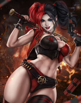 1girl artist_name baseball_bat batman_(series) bell belt belt_buckle black_belt black_gloves black_hair black_thighhighs blue_eyes bracelet breasts buckle bullet bustier collar cowboy_shot cropped_jacket dandon_fuga dc_comics dynamite explosive eyeshadow facial_mark fingerless_gloves gloves gun handgun hands_up harley_quinn heart heart_facial_mark holding holding_baseball_bat holding_gun holding_weapon jacket jewelry large_breasts lipstick long_hair looking_at_viewer makeup micro_shorts multicolored_hair multicolored_nails nail_polish navel neck_bell open_clothes open_jacket over_shoulder red_collar red_hair red_jacket red_lips red_nails revolver shorts smile smoke smoking_barrel solo spiked_bracelet spikes star_(symbol) suicide_squad tattoo thighhighs toned toned_female two-tone_bustier two-tone_hair two-tone_nails two-tone_shorts weapon weapon_over_shoulder zipper