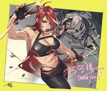 Rule 34 | 1girl, abs, bare shoulders, breasts, cleavage, commentary request, copyright request, fingerless gloves, gloves, highres, holding, holding phone, long hair, midriff, navel, pants, phone, red hair, selfie, taisowbukurow, yellow eyes