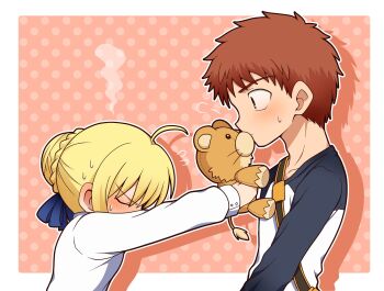 Rule 34 | 1boy, 1girl, ahoge, artoria pendragon (fate), blonde hair, blush, bow, braid, braided bun, brown hair, chibi, covering face, doll, embarrassed, emiya shirou, fate/stay night, fate (series), green eyes, hair bow, hair bun, head bowed, hetero, highres, kiss, kneeling, polka dot, polka dot background, saber (fate), short hair, steam, surprised, sweatdrop, tatami, upper body