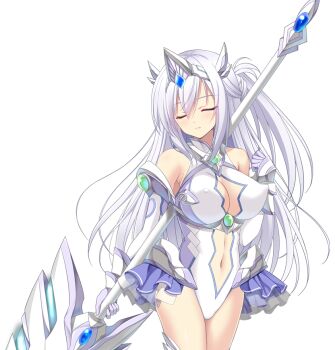 1girl armor bare_shoulders blush braid breasts center_opening chikubi_(artist) cleavage cleavage_cutout closed_eyes clothing_cutout covered_erect_nipples cowboy_shot elbow_gloves faulds game_cg gauntlets gem gloves holding holding_polearm holding_weapon kusarou large_breasts large_variant_set leotard long_hair magical_girl mahou_shoujo_inori mamiya_inori navel navel_cutout non-web_source official_art one_side_up overskirt polearm purple_skirt showgirl_skirt skirt solo spear standing thighhighs tiara transparent_background variant_set weapon white_hair white_leotard white_thighhighs