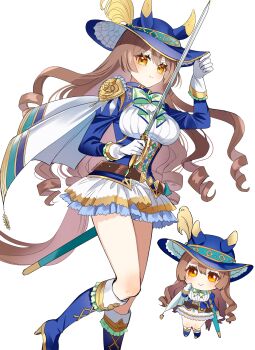 1girl absurdres animal_ears blue_boots blue_corset blue_hat blue_jacket blunt_sidelocks blush boots bow bowtie breasts brown_eyes brown_hair cavalier_hat chibi closed_mouth commentary_request corset double-parted_bangs gloves green_bow green_bowtie hair_between_eyes hat hat_with_ears highres holding holding_sword holding_weapon horse_ears horse_girl jacket large_breasts long_hair long_sleeves looking_at_viewer mosu2 musketeer official_alternate_costume official_alternate_hairstyle plume rapier satono_diamond_(chevalier_bleu)_(umamusume) satono_diamond_(umamusume) scabbard sheath sidelocks simple_background skirt smile sword tail umamusume weapon white_background white_gloves white_skirt wide_brim