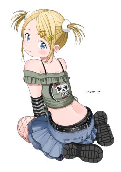 1girl absurdres artist_name ass bare_shoulders black_panties blonde_hair blue_eyes blush camisole closed_mouth commentary denim denim_skirt detached_sleeves dot_nose fishnet_pantyhose fishnets forehead from_behind full_body green_camisole hair_ornament hairclip highres looking_at_viewer looking_back midriff nagomurasan original panties pantyhose pantyshot shoe_soles short_hair shoulder_blades sidelocks signature simple_background skirt skull_print smile solo star_(symbol) star_hair_ornament strap symbol-only_commentary twintails underwear white_background