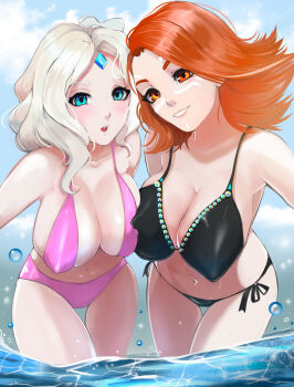 2girls bikini black_bikini blonde_hair blue_eyes blue_sky blush breasts cleavage crystal_maiden dota_(series) dota_2 highres kirani lina_inverse_(dota_2) long_hair looking_at_viewer medium_breasts medium_hair multiple_girls navel open_mouth orange_eyes orange_hair pink_bikini sky smile swimsuit water