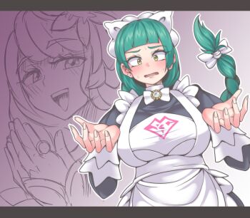 2girls apron ascot blunt_bangs blush bow bowtie braid braided_ponytail commentary_request frilled_ascot frills green_hair jacinthe_(pokemon) juliet_sleeves kuroba_rapid lebanne_(pokemon) long_braid long_hair long_sleeves low_drills maid maid_apron maid_headdress master_and_servant multiple_girls nintendo open_mouth pink_lips pokemon pokemon_legends:_z-a puffy_sleeves smile sweat tsurime white_bow white_bowtie