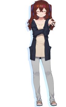 Rule 34 | 1girl, brown hair, closed eyes, facing viewer, full body, hans.b, jacket, long hair, maitoko yuri, open clothes, open jacket, solo, tachi-e, teikan no eve bethel, transparent background