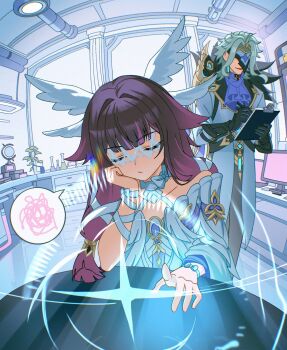 Rule 34 | 1boy, 1girl, ascot, big itachi, black gloves, black hair, blue ascot, blue hair, bow, clipboard, closed eyes, closed mouth, coat, columbina (genshin impact), commentary, dottore (genshin impact), dress, elbow rest, english commentary, eye mask, fisheye, genshin impact, gloves, gradient hair, hair intakes, hair ribbon, head rest, head wings, highres, holding, holding clipboard, holding pen, indoors, laboratory, long hair, mask, multicolored hair, parted lips, pen, purple hair, ribbon, speech bubble, spoken squiggle, squiggle, white bow, white coat, white dress, white ribbon, white wings, wings