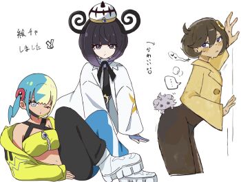 3girls aqua_hair ass bandeau black_bodysuit black_dress black_hair blonde_hair blue_eyes blue_gloves blush bob_cut bodysuit bodysuit_under_clothes brown_jacket canari_(pokemon) closed_mouth coat commentary_request dark-skinned_female dark_skin dress emma_(pokemon) espurr gen_6_pokemon gloves gradient_hair gwynn_(pokemon) hair_ornament hasu_175 hat jacket long_sleeves looking_at_viewer mega_stone multicolored_hair multiple_girls navel nintendo one_eye_closed open_clothes open_coat open_mouth pants partially_fingerless_gloves pokemon pokemon_(creature) pokemon_legends:_z-a purple_eyes purple_hair short_hair short_twintails split-color_hair sports_bra sweatdrop twintails two-tone_hair two-tone_pants white_coat yellow_bandeau yellow_jacket yellow_sports_bra