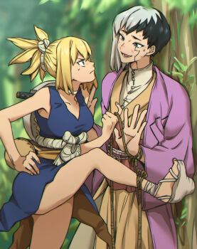 Rule 34 | 1boy, 1girl, asagiri gen, black hair, blonde hair, blue dress, blue eyes, blurry, blurry background, blush, breasts, choker, closed mouth, commentary request, dr. stone, dress, facial mark, grey hair, hand on own hip, high heels, high ponytail, highres, izumi whale, kohaku (dr. stone), looking at another, medium hair, multicolored hair, nose blush, open mouth, outdoors, ponytail, rope, rope around wrist, rope belt, sandals, shirt, short hair, sleeveless, smile, split-color hair, standing, sweatdrop, sword, tree, turtleneck, turtleneck shirt, two-tone hair, weapon, white choker, white hair, white rope