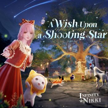3d 3girls ahoge album_cover argyle_bow artist_request black_bow black_bowtie black_shoes black_vest blonde_hair blue_sky boots bow bowtie bowtie_cat brown_boots brown_eyes brown_vest calico_(pattern) calico_cat cat cloak closed_mouth cobblestone collared_jacket collared_shirt commentary company_name copyright_logo cover cowboy_shot dress ear_covers earrings english_commentary english_text eyelashes eyeshadow faewish_sprite fairy fireflies floof_(infinity_nikki) frilled_dress frilled_jacket frilled_shirt_collar frilled_sleeves frills from_behind hair_bow hair_ornament hair_rings hand_on_own_chest happy hat height_difference high-waist_skirt highres hood hood_up hooded_cloak in-universe_location infinity_nikki jacket jewelry kneehighs lamppost large_bow lipstick logo long_hair long_skirt long_sleeves longstocking_(infinity_nikki) low_twintails makeup medium_dress meteor_shower momo_(nikki) mountainous_horizon multiple_girls navel night nikki_(nikki) nikki_(series) nonoy_(infinity_nikki) offering_hand official_art ofuda pink_hair pink_lips pleated_dress pleated_skirt pocket print_skirt puffy_long_sleeves puffy_short_sleeves puffy_sleeves red_bow red_bowtie red_eyeshadow red_hair red_jacket red_skirt sailor_collar shiba_inu shirt shirtcat_(infinity_nikki) shoes shooting_star short_hair short_sleeves single_hair_ring skirt sky sleeves_past_wrists smile socks star_(sky) starry_sky tailcoat third-party_source timis_(infinity_nikki) title town traditional_bowtie tree twintails vest whiskers white_cat white_dress white_sailor_collar white_shirt white_socks wind_chime witch_hat yellow_cloak yellow_dress yellow_hat