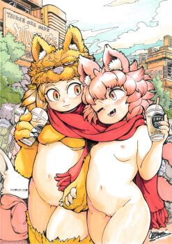 1boy 2girls :3 animal_ear_fluff animal_feet animal_hands artist_self-insert blonde_hair blush bottomless bra breasts bubble_tea cleft_of_venus clothed_male_nude_female cloud commentary_request commission cowboy_shot cup day fangs fox_girl fox_hat furry furry_male glaring highres holding holding_cup hood hood_down hoodie looking_at_another looking_to_the_side moonlight_flower multiple_girls navel nipples nude one_eye_closed open_mouth oratnir original outdoors pink_eyes pink_hair public_indecency public_nudity pussy ragnarok_online red_hoodie red_scarf scarf second-party_source shared_clothes shared_scarf short_hair small_breasts smile traditional_media tree uncensored underwear yellow_bra yellow_fur yuri zenra