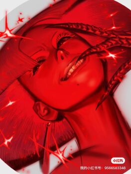 Rule 34 | 1girl, a.k.i. (street fighter), claw ring, dutch angle, earrings, hermaneyost, highres, impossible hair, jewelry, mole, mole under mouth, monochrome, short hair, smile, solo, street fighter, street fighter 6, tassel, tassel earrings, weapon, xiaohongshu logo