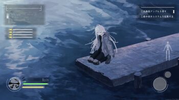 absurdres commentary_request dock gloves health_bar highres jacket kani_etizen03 kneeling long_hair looking_down ocean original scenery user_interface water white_hair