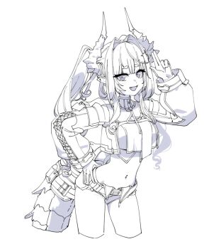 1girl :d artpatient belt blunt_bangs breasts cowboy_shot crop_top crop_top_overhang cropped_legs dot_nose fang finger_gun hair_intakes hair_on_horn hand_on_own_hip high_collar highres large_breasts long_hair long_sleeves looking_at_viewer midriff monochrome navel open_mouth pants pointing pointing_up pointy_ears short_eyebrows shrug_(clothing) simple_background smile solo strapless tube_top white_background yvonne_(arknights)
