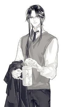 1boy alternate_costume alternate_hairstyle black_hair chinese_commentary closed_mouth collared_shirt commentary_request contemporary cowboy_shot cup glasses greyscale holding holding_cup holding_unworn_clothes jacket long_hair long_sleeves looking_at_viewer low_ponytail male_focus monochrome mug necktie pants ponytail school_uniform shirt simple_background smile solo standing starember sweater_vest tianguan_cifu unworn_jacket vest white_background xie_lian