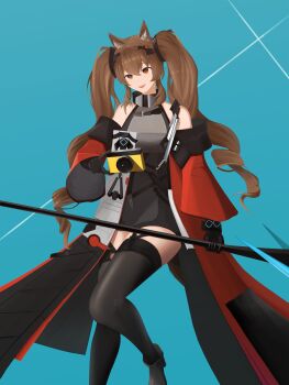 1girl :d absurdres alternate_breast_size_(larger) angelina_(arknights) animal_ear_fluff animal_ears arknights arknights:_endfield belt black_gloves black_thighhighs blue_background bracelet breasts brown_hair camera chinese_commentary coat commentary_request diamond-shaped_pupils diamond_(shape) dress elbow_gloves fox_ears fox_girl gilberta_(arknights) gloves grey_dress headpiece heize_ooo high_belt high_collar highres holding holding_camera holding_staff impossible_clothes impossible_dress infection_monitor_(arknights) jewelry large_breasts long_sleeves looking_at_viewer open_clothes open_coat open_mouth orange_eyes red_coat short_dress sleeveless sleeveless_dress smile solo staff symbol-shaped_pupils teeth thighhighs twintails upper_teeth_only wide_sleeves zettai_ryouiki