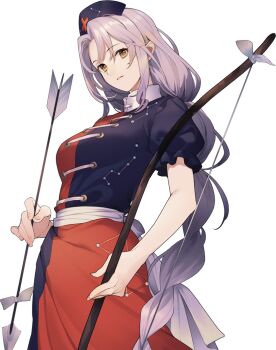 1girl arrow_(projectile) belt bow_(weapon) braid breasts brown_belt constellation_print cowboy_shot cross cross_print crossed_arms dress eho_(icbm) game_cg hat holding holding_bow_(weapon) holding_weapon labyrinth_of_touhou_(series) labyrinth_of_touhou_tri large_breasts long_hair looking_at_viewer non-web_source nurse_cap official_art parted_lips print_dress print_hat puffy_short_sleeves puffy_sleeves purple_dress quiver red_cross red_dress short_sleeves single_braid smile solo test_tube touhou transparent_background two-tone_dress very_long_hair weapon yagokoro_eirin yellow_eyes