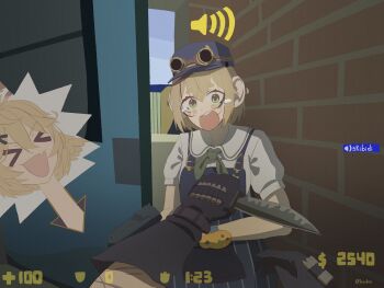 &gt;_&lt; 2girls :d absurdres arrow_(symbol) black_gloves blonde_hair blue_hat blue_overalls blush_stickers brick_wall buruhas collared_shirt commentary counter-strike counter-strike_(series) cowboy_shot dokibird dokibird_(bounty_hunter) dooby dooby_(1st_costume) door door_stuck_(meme) english_commentary fake_screenshot gloves goggles goggles_on_head green_eyes green_necktie gun hair_ornament hairclip handgun handgun_cartridge hat highres holding holding_gun holding_knife holding_weapon indie_virtual_youtuber indoors knife long_neck meme multiple_girls necktie open_mouth overalls pov scar scar_on_arm shirt short_hair short_sleeves skibidi_toilet_(series) smile tearing_up twitter_username virtual_youtuber volume_symbol weapon white_shirt