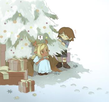 ! 1girl 1other 9twoeight :o antlers bandaid bandaid_on_leg black_shoes black_shorts black_socks blonde_hair blue_shirt box brown_eyes brown_hair christmas_tree closed_eyes commentary deer_antlers deer_girl double_horizontal_stripe dress english_commentary footprints frisk_(undertale) gift gift_box highres hooves horns knees_up long_hair looking_at_another noelle_holiday notice_lines on_ground open_mouth shirt shoes short_hair shorts sitting socks spoken_exclamation_mark undertale utdr_(toby_fox) white_dress