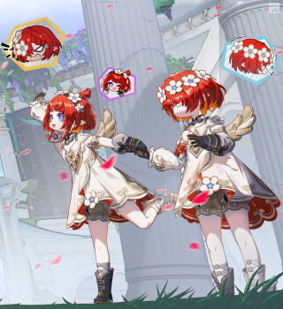 &gt;_o 3girls absurdres ancient_greek_clothes angel_wings architecture asymmetrical_footwear black_boots blue_eyes blue_sky boots commentary_request cross-shaped_pupils dress falling_petals grass greco-roman_architecture greco-roman_clothes head_wreath highres holding_hands honkai:_star_rail honkai_(series) mismatched_footwear multiple_girls one_eye_closed outdoors petals pointy_ears red_hair short_hair sky spoken_character stone_pillar symbol-shaped_pupils tongyu trianne_(honkai:_star_rail) tribbie_(honkai:_star_rail) trinnon_(honkai:_star_rail) white_boots white_dress winged_boots wings