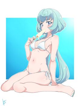 Rule 34 | 1girl, aikatsu! (series), aikatsu friends!, alicia charlotte, bikini, blue eyes, blue hair, braid, breasts, cleavage cutout, clothing cutout, collarbone, commentary request, feet, food, food in mouth, green nails, groin, highres, kumahubuki, long hair, looking at viewer, melting popsicle, navel, popsicle, popsicle in mouth, ribs, simple background, sitting, solo, swimsuit, underboob, white bikini