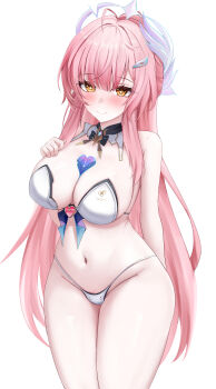 1girl absurdres aemeath_(wuthering_waves) ahoge bare_shoulders bikini blush breasts closed_mouth commentary hair_ornament hand_on_own_chest highres izumiillus large_breasts long_hair looking_at_viewer navel orange_eyes paid_reward_available pink_hair smile solo star-shaped_pupils star_(symbol) stomach swimsuit symbol-shaped_pupils thighs very_long_hair white_bikini wuthering_waves