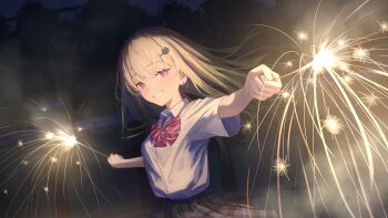 1girl absurdres blonde_hair bow collared_shirt commentary_request ear_piercing fireworks hair_ornament highres holding long_hair official_art original piercing red_bow scenery school_uniform shirt short_sleeves smile solo teeth tokaki