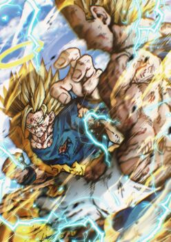 2boys battle battle_damage blonde_hair blood blood_on_face blue_jumpsuit blue_shirt clenched_hand clenched_teeth collarbone crackling_energy dougi dragon_ball dragonball_z gloves green_eyes halo hashagu highres injury jumpsuit majin_vegeta male_focus multiple_boys muscular muscular_male scratches shirt sky sleeveless son_goku spiked_hair super_saiyan super_saiyan_2 teeth torn_clothes torn_shirt v-shaped_eyebrows vegeta white_gloves wristband