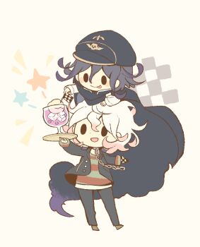 2boys :p animal_collar black_cloak black_eyes black_gloves black_hat black_jacket black_pants blazer blush_stickers brown_shoes buttons chain chain_leash checkered_floor checkered_gloves chibi cloak closed_mouth collar collared_cloak collared_jacket commentary_request cup danganronpa_(series) danganronpa_another_episode:_ultra_despair_girls danganronpa_v3:_killing_harmony dot_nose drinking_glass food fruit gloves grapes green_shirt hair_between_eyes happy hat high_collar hitofutarai holding holding_tray ice ice_cream ice_cream_float ice_cube jacket komaeda_nagito lapels layered_sleeves leash long_hair_between_eyes long_sleeves looking_at_food male_focus messy_hair multicolored_gloves multiple_boys notched_lapels notice_lines official_alternate_costume oma_kokichi open_clothes open_jacket open_mouth outstretched_arm pants peaked_cap purple_hair red_shirt servant_(danganronpa) shirt shoes short_hair simple_background single_glove sitting sitting_on_head sitting_on_person sleeve_cuffs smile soda solid_oval_eyes star_(symbol) striped_clothes striped_shirt tongue tongue_out torn_cloak torn_clothes tray two-tone_gloves two-tone_shirt undershirt unmoving_pattern white_background white_gloves white_hair white_shirt wine_glass zipper