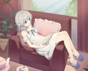 1girl absurdres alternate_costume blue_eyes blush book bow braid commentary couch cup curtains cushion dress green_bow grey_hair hair_bow highres holding holding_book indoors izayoi_sakuya kh_jing_shui_tong long_hair no_headwear on_couch open_book plant plate potted_plant purple_slippers reading slippers solo teacup teapot touhou twin_braids white_dress window