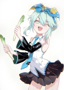 1girl absurdres aqua_necktie black_skirt blurry bow cosplay detached_sleeves fate/grand_order fate_(series) food green_eyes green_hair hair_bow hatsune_miku hatsune_miku_(cosplay) highres holding holding_food holding_spring_onion holding_vegetable long_sleeves looking_at_viewer louhi_(fate) necktie one_eye_closed sharp_teeth shirt short_hair simple_background skirt smile solami solo spring_onion teeth thighs vegetable vocaloid white_background white_shirt