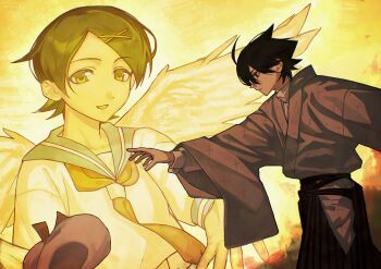 1boy 1girl aka_(pixiv111240176) angel_wings black_hair commentary_request fuura_kafuka grey_kimono hair_ornament highres itoshiki_nozomu japanese_clothes kimono neckerchief reaching red_neckerchief sayonara_zetsubou_sensei school_uniform serafuku shirt short_hair white_serafuku white_shirt wings x_hair_ornament