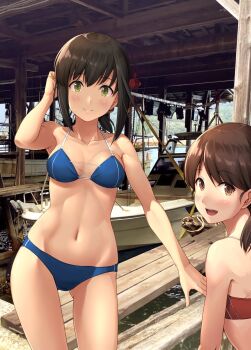 2girls :d bare_arms bare_legs bare_shoulders bikini blue_bikini blush breasts brown_eyes brown_hair closed_mouth collarbone commentary_request eighth_note fubuki_(kancolle) green_eyes groin hair_between_eyes highres ichikawa_feesu kantai_collection looking_at_viewer multiple_girls musical_note navel open_mouth photo_background ponytail red_bikini shirayuki_(kancolle) short_hair short_ponytail short_twintails small_breasts smile stomach swimsuit tan teeth textless_version twintails upper_teeth_only
