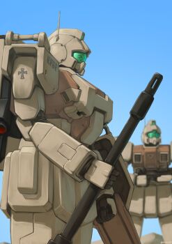 Rule 34 | absurdres, assault visor, commentary request, earth federation, flanker (flanker8649), green visor, ground gm, gun, gundam, gundam 08th ms team, highres, holding, holding gun, holding weapon, mecha, mecha focus, mobile suit, no humans, robot, science fiction, standing, weapon