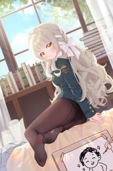 absurdres akovo ass black_panties blazer blue_archive blurry blurry_background blush book book_stack bow braid brown_pantyhose commentary doodle_sensei_(blue_archive) drawing_(action) drawing_(object) dutch_angle green_jacket grey_hair hair_bow hair_ribbon halo highres indoors jacket light_smile long_hair long_sleeves looking_at_viewer miyo_(blue_archive) no_pants panties panties_under_pantyhose pantyhose pov pov_hands ribbon ribbon_braid sensei_(blue_archive) soles underwear very_long_hair white_bow white_ribbon yellow_eyes