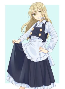 1girl absurdres back_bow blonde_hair bow braid collared_shirt commentary_request grin hair_bow highres kirisame_marisa long_hair long_sleeves looking_at_viewer no_headwear shirt side_braid single_braid skirt_hold smile solo touhou tsuno_no_hito very_long_hair white_bow white_shirt yellow_eyes