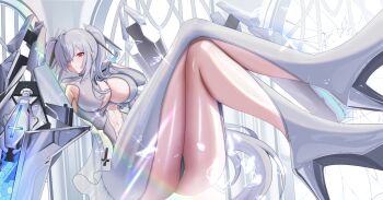 1girl absurdres armpit_cutout ass bodysuit breasts bright_pupils cinderella_(nikke) clothing_cutout commentary english_commentary goddess_of_victory:_nikke hair_over_one_eye highres large_breasts leg_cutout navel_cutout one_eye_covered red_eyes ringed_eyes see-through_clothes see-through_skirt skirt solo stomach_cutout thighs white_bodysuit white_pupils woiow4724