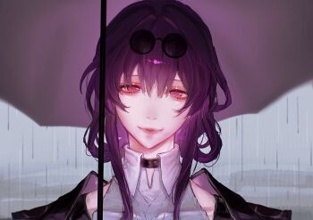 Rule 34 | 1girl, 5564ma, closed mouth, collared shirt, eyewear on head, highres, honkai: star rail, honkai (series), kafka (honkai: star rail), portrait, purple eyes, purple hair, rain, shirt, smile, solo, sunglasses, umbrella, white shirt