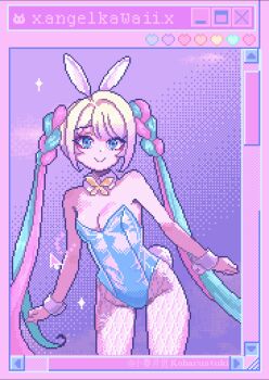 animal_ears animated animated_gif artist_name blinking blonde_hair blue_eyes blue_hair blue_leotard blunt_bangs breasts butterfly_bowtie chouzetsusaikawa_tenshi-chan chouzetsusaikawa_tenshi-chan_(playboy_bunny) cleavage commentary_request cursor detached_collar dithering fake_animal_ears fake_tail fishnet_pantyhose fishnets heart highleg highleg_leotard highres holographic_clothing koharustuki leotard loading_icon looking_at_viewer looping_animation medium_breasts multicolored_hair needy_girl_overdose outstretched_arms pantyhose pink_hair pixel_art playboy_bunny quad_tails rabbit_ears rabbit_tail ribbon sidelocks smile sparkle sparkling_aura strapless strapless_leotard tail twitching_tail user_interface window_(computing) wrist_cuffs