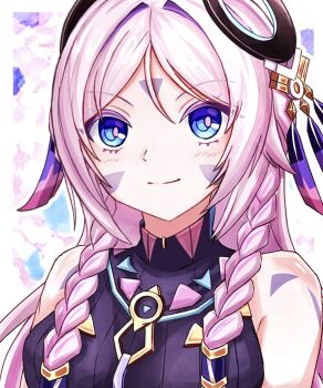 1girl bare_shoulders blue_eyes braid breasts citlali_(genshin_impact) colored_eyelashes commentary_request facial_mark forehead_mark genshin_impact hair_intakes highres medium_breasts partial_commentary pink_hair ring_hair_ornament sleeveless solo twin_braids upper_body yoi_(a27963244)