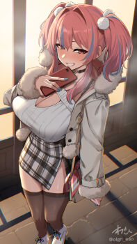 1girl alternate_costume azur_lane black_choker blue_nails blue_streaks blush breasts bremerton_(azur_lane) brown_thighhighs cellphone choker cleavage commentary_request full-face_blush full_body fur-trimmed_jacket fur_trim grey_jacket highres holding holding_phone jacket large_breasts long_hair long_sleeves mole mole_under_eye multicolored_hair nail_polish open_clothes open_jacket oregano_(olgn_eao) outdoors phone pink_hair plaid_clothes plaid_skirt shoes skirt smartphone smile solo streaked_hair thighhighs twintails white_shoes zettai_ryouiki