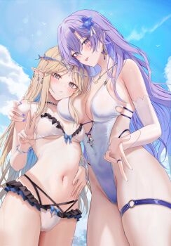 2girls :p alternate_costume arm_around_back bare_shoulders bikini blonde_hair blue_bow blue_eyes blue_flower blue_sky blush bow bow_bikini breasts cantarella_(wuthering_waves) cartethyia_(wuthering_waves) casual_one-piece_swimsuit center_opening cheek-to-breast closed_mouth collarbone commentary cowboy_shot crown_of_thorns day earrings facial_mark fingernails flower groin hair_flower hair_ornament halterneck hand_on_another&#039;s_shoulder highleg highleg_one-piece_swimsuit highres jewelry large_breasts long_hair looking_at_viewer mark_under_eye medium_breasts multiple_girls nail_polish navel o-ring o-ring_thigh_strap one-piece_swimsuit outdoors paid_reward_available pink_nails pointy_ears purple_hair purple_nails ru_zhai sidelocks sky stomach swimsuit symbol-only_commentary tacet_mark_(wuthering_waves) thigh_strap tongue tongue_out underboob v very_long_hair wet white_bikini white_one-piece_swimsuit wuthering_waves