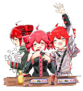 Rule 34 | 3girls, :d, alcohol, arms up, blush, blush stickers, bottle, closed eyes, cup, detached sleeves, dot nose, drinking, food, from side, highres, holding, holding cup, kasane teto, kasane teto (sv), kasane teto (utau), kasane teto (voicepeak), long sleeves, mp777b, multiple girls, open mouth, pink hair, red hair, sakazuki, sake, sake bottle, smile, sushi, synthesizer v, voicepeak