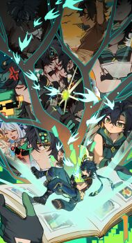 1boy 2girls absurdres aged_down ajaw_(genshin_impact) antenna_hair baggy_pants black_boots black_gloves black_hair black_shirt blood blood_on_face book boots chinese_commentary closed_eyes clothing_cutout collage commentary_request crossed_bangs earrings fingerless_gloves full_body genshin_impact glove_cutout gloves green_eyes green_headband green_pants hair_between_eyes happy_birthday headband highres holding hongmumochenla jewelry kachina_(genshin_impact) kinich_(genshin_impact) male_focus medium_hair mualani_(genshin_impact) multicolored_hair multiple_girls multiple_views open_book pants recursion shirt sleeveless sleeveless_shirt spiked_ear_piercing upper_body vision_(genshin_impact)