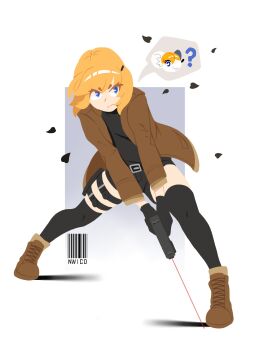 1girl artist_name ashley_graham blonde_hair blue_eyes boots fermi_(nwico) full_body glock gloves gun handgun highres jacket laser_sight multiple_thigh_straps resident_evil resident_evil_4 solo thigh_strap thighhighs weapon