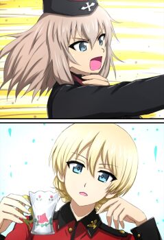 Rule 34 | 2girls, black hat, black jacket, blonde hair, blue eyes, braid, commentary, cup, darjeeling (girls und panzer), garrison cap, girls und panzer, girls und panzer saishuushou, grey hair, hand on own neck, hat, highres, holding, holding cup, insignia, itsumi erika, jacket, kuromorimine military uniform, long sleeves, looking at viewer, looking to the side, medium hair, military hat, military uniform, motion lines, multiple girls, omachi (slabco), open mouth, red jacket, short hair, st. gloriana's military uniform, teacup, textless version, throat microphone, twin braids