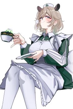 1girl absurdres animal_ears apron blush brown_hair closed_mouth cup dress green_dress green_eyes hat highres holding holding_cup holding_tray indie_virtual_youtuber looking_at_viewer medium_hair nimi_nightmare nimi_nightmare_(1st_costume) nurse_cap pantyhose punpond smile solo tapir_ears tapir_girl tray virtual_youtuber white_apron white_background white_hat white_pantyhose