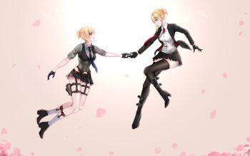 Rule 34 | 2girls, agent 47, ankle boots, artist request, belt boots, blonde hair, boots, chinese commentary, commentary request, corset, cosplay, dual persona, girls' frontline, gloves, high heel boots, high heels, highres, hitman (game), jacket, knee boots, lace-up boots, multiple girls, necktie, selfcest, short twintails, skirt, socks, thighhighs, twintails, welrod mkii (girls' frontline), yuri