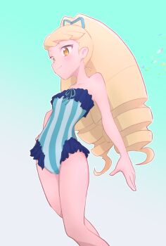 1girl blonde_hair blue_background blush bow drill_hair gradient_background hair_bow kika_tohoku long_hair luna_platz_(mega_man) mega_man_(series) mega_man_star_force_(series) one-piece_swimsuit smile striped_clothes striped_one-piece_swimsuit swimsuit twin_drills very_long_hair